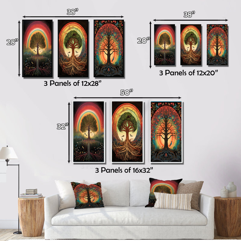 «Tree Of Life Rainbow Retro Illustration», 3 pièces, Cadre flottant blanc, H 60 po x l 40 po
