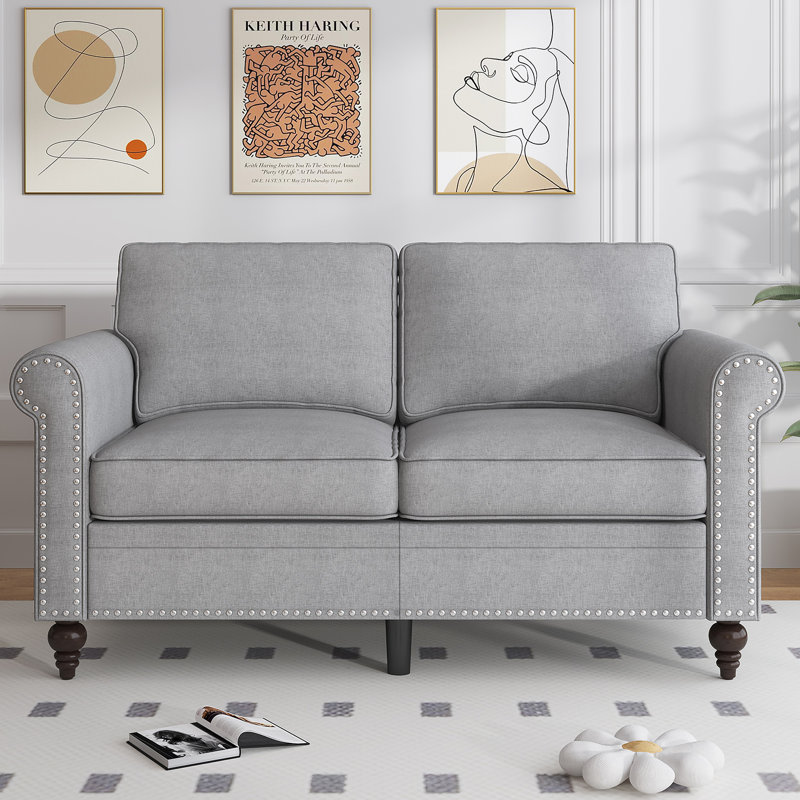 55" Linen Loveseat with Solid Wood Frame & Pocket Coil Springs, Gray