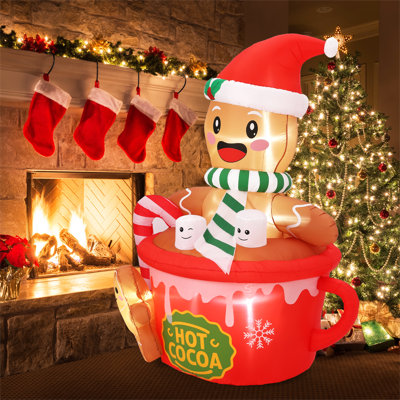 6 ft Inflatable Gingerbread Man in Hot Cocoa Cup Christmas Yard Decor, Blow‑Up Holiday Ornament with Built‑in LEDs for Indoor Outdoor Garden Lawn Party