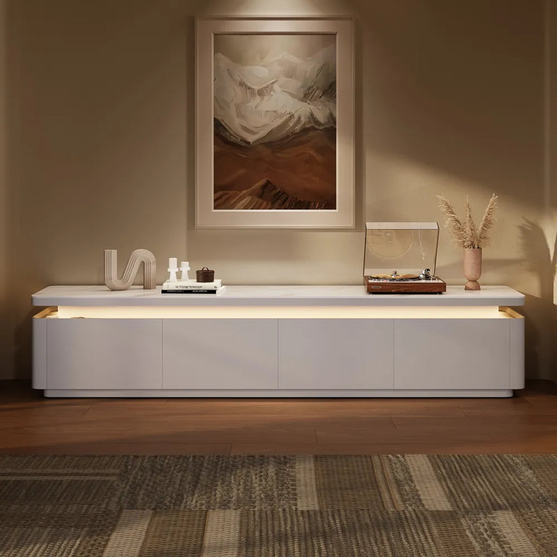 Modern TV Stand With Adjustable LED Lights, Sintered Stone Top, Fully Assembled, 15.75"H x 79"L x 15.95"W, White