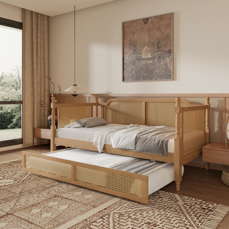 Lit de jour simple en rotin de style traditionnel avec lit gigogne simple pour un espace limité, chambre d'amis, pas de sommier tapissier, noyer antique