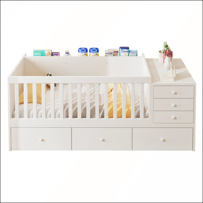 2-in-1 Design Convertible Crib to Daybed with Drawers, Solid Wood Guardrails, Changing Table  Storage, Toddler Bed Safety