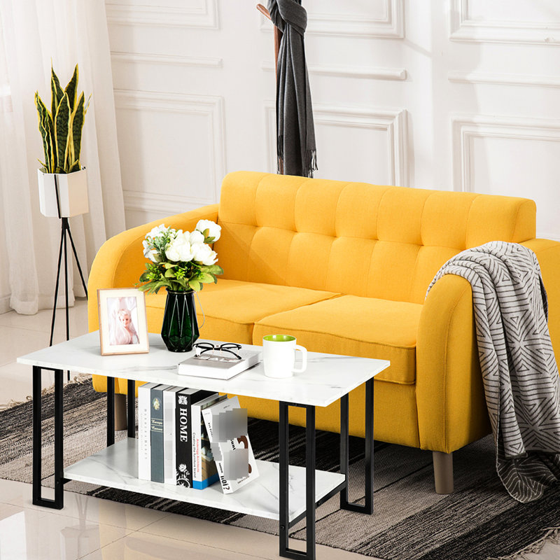 Table basse en marbre épais à 2 couches de 1,5 cm, plateau de table rectangulaire de L 38,9 po avec base en fer, plateau blanc et pied noir pour la salle à manger, la table, le magasin, l'utilisation