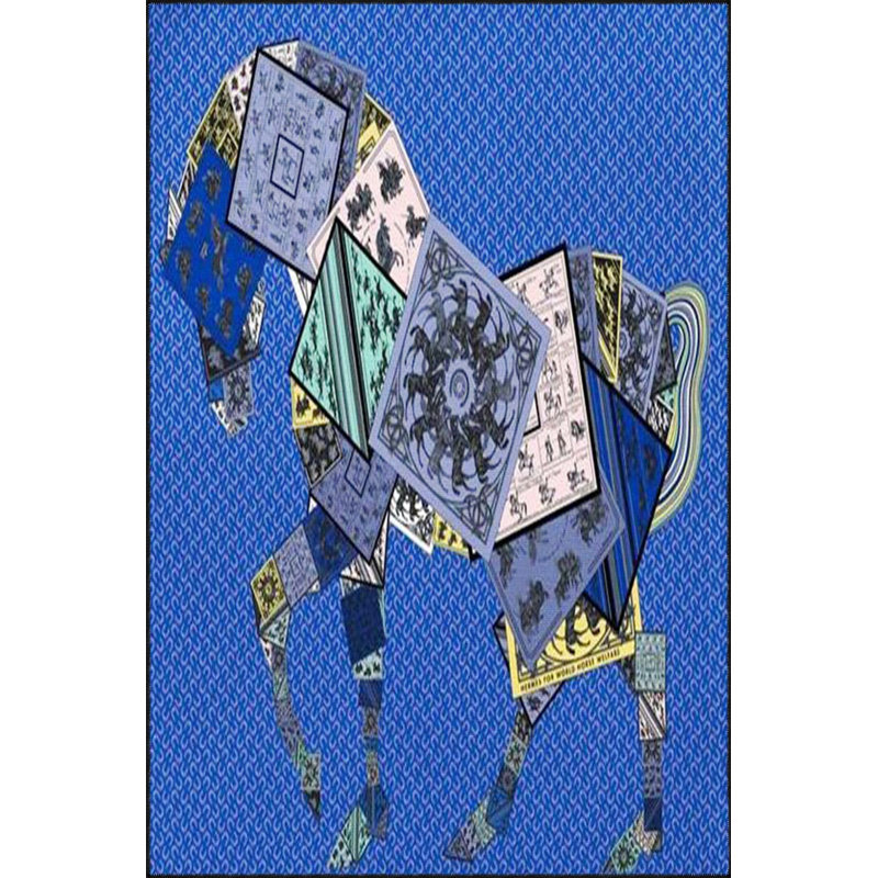 Tapis décoratif moderne à motif de chevaux bleu moderne, Sous-tapis rectangulaire de 3 pi 3 po x 4 pi 11 po