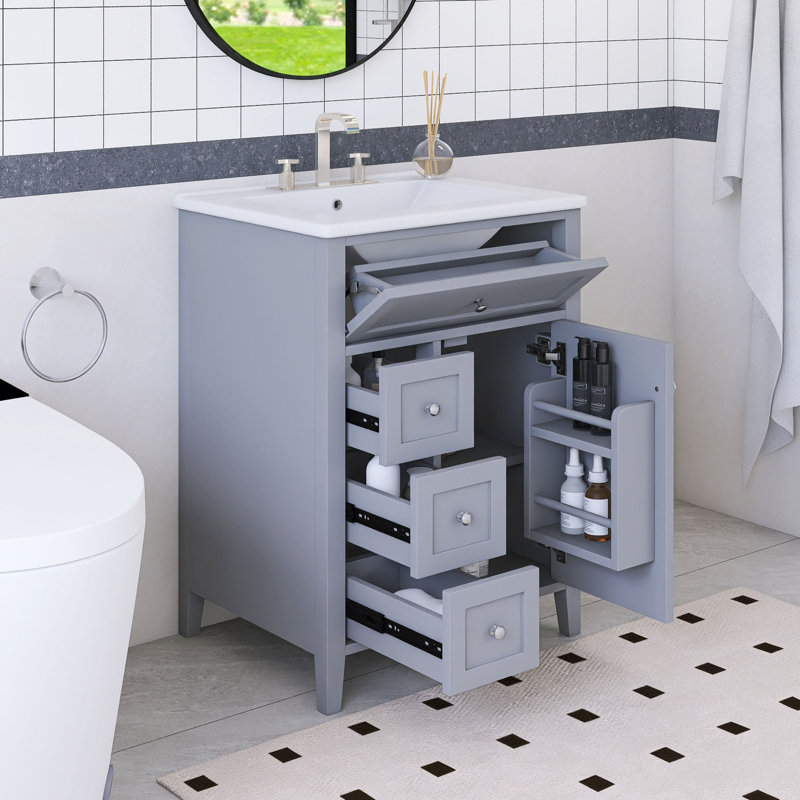 Ensemble de meuble-lavabo autoportant 24 po avec comptoir en céramique 24 po, Gris, Argent