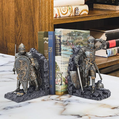 Arthurian Knight Medieval Decor Bookend Statues, 20.25 Cm, Set Of Two, Polyresin, Grey Stone