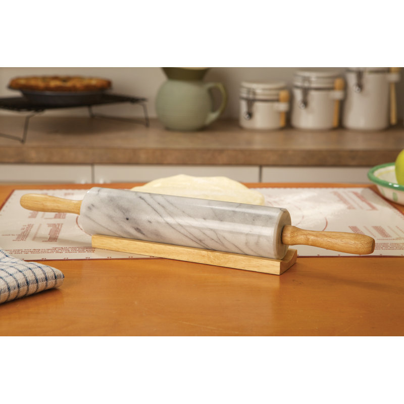 White Marble Rolling Pin with Wooden Handles and Base