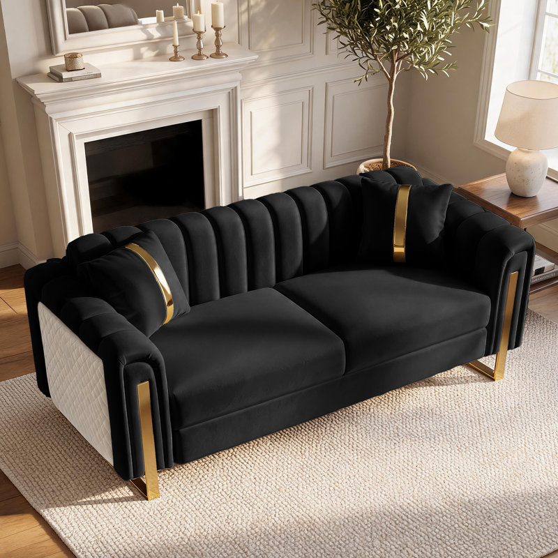 Canapé de luxe en velours dégradé de 85 pouces avec accoudoirs ornés de détails dorés, H 31,6 po x l 84,71 po x P 33 po, Noir