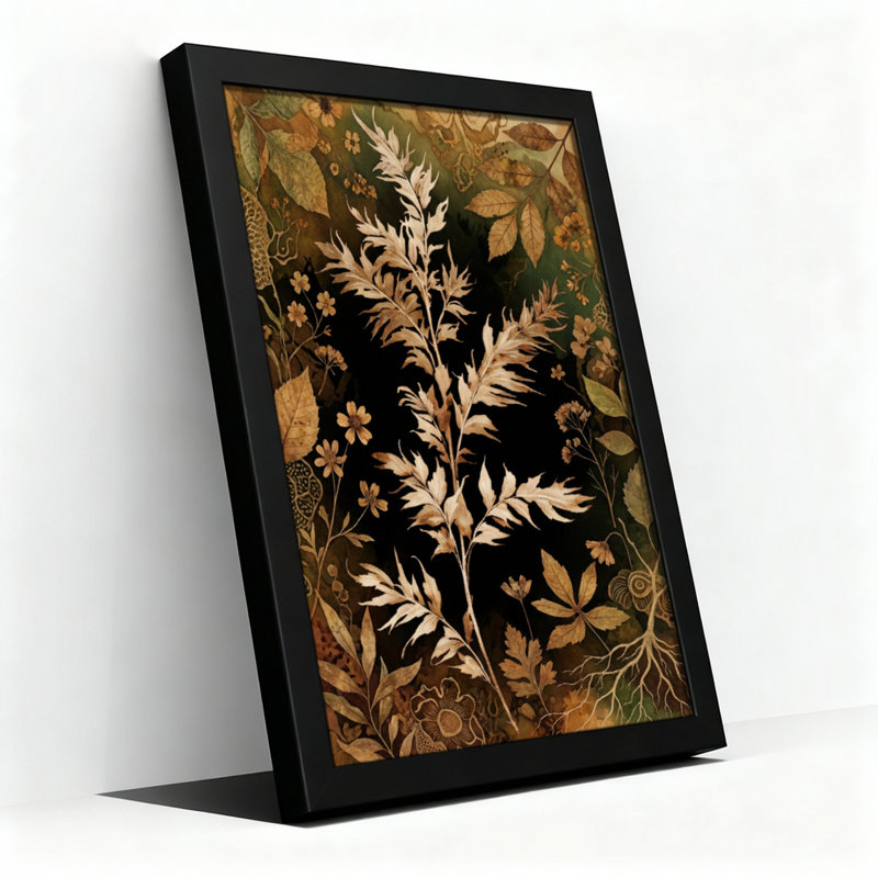 Toile noire encadrée en bois noir pour le salon, la chambre à coucher, le bureau ou le vestibule - décoration murale décorative avec motif botanique