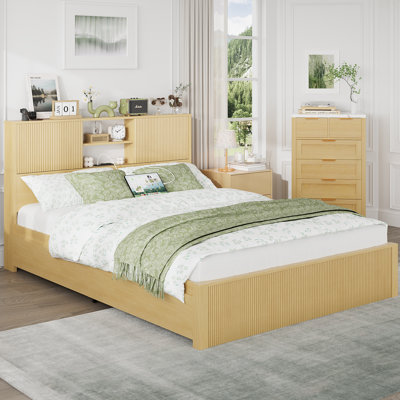 Grandes bases de lit avec 4 tiroirs de rangement, têtes de lit à 2 niveaux, ports USB intégrés et prises de courant, cadres de lit en métal, sommier tapissier requis, chêne