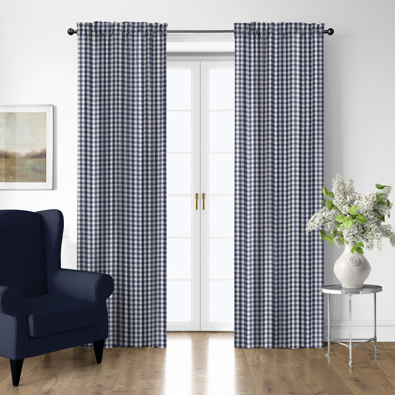 Walker Check Indigo/Ivory Cotton Rod Pocket Drapery Panel Set of 2, 50" W x 132" L