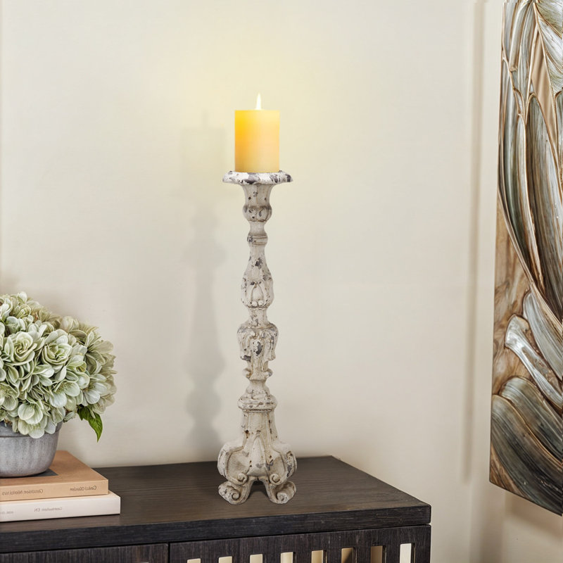 27.5'' H Stone Tabletop Candlestick, Beige 