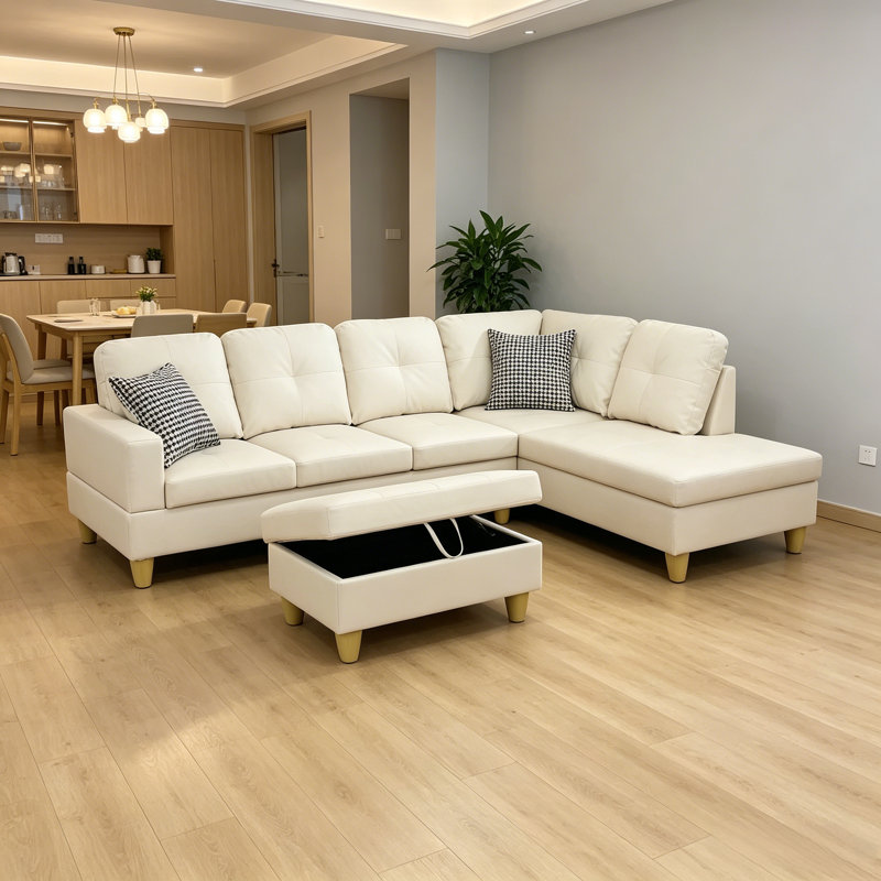 Ensemble de canapé de salon en forme de L en similicuir avec repose-pieds, Orienté à droite (vu de face), Crème