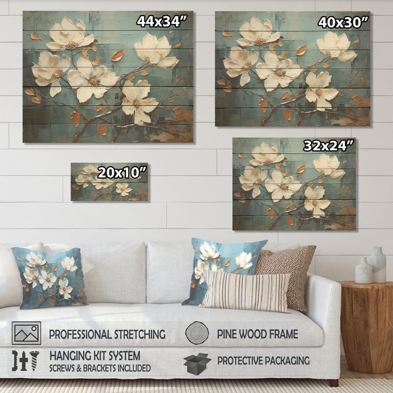 White And Blue Charming Spring Flower Elegance II - Flowers On Wood Print, 10" H x 20" W x 0.78" D