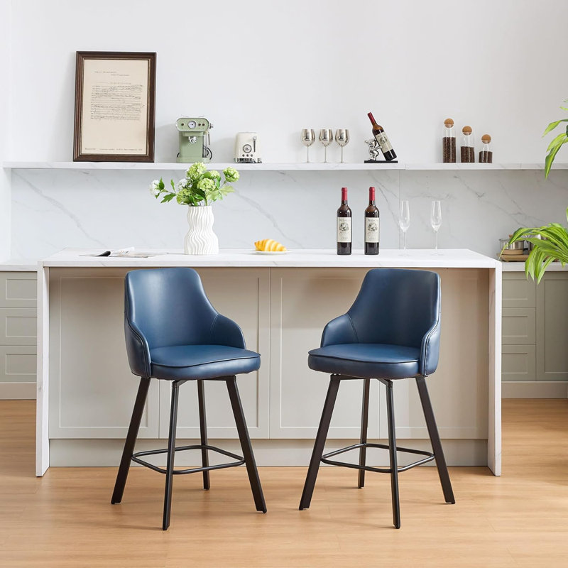 Tabouret de comptoir pivotant rembourré en cuir avec dossier haut (ensemble de 2), Bleu, 2