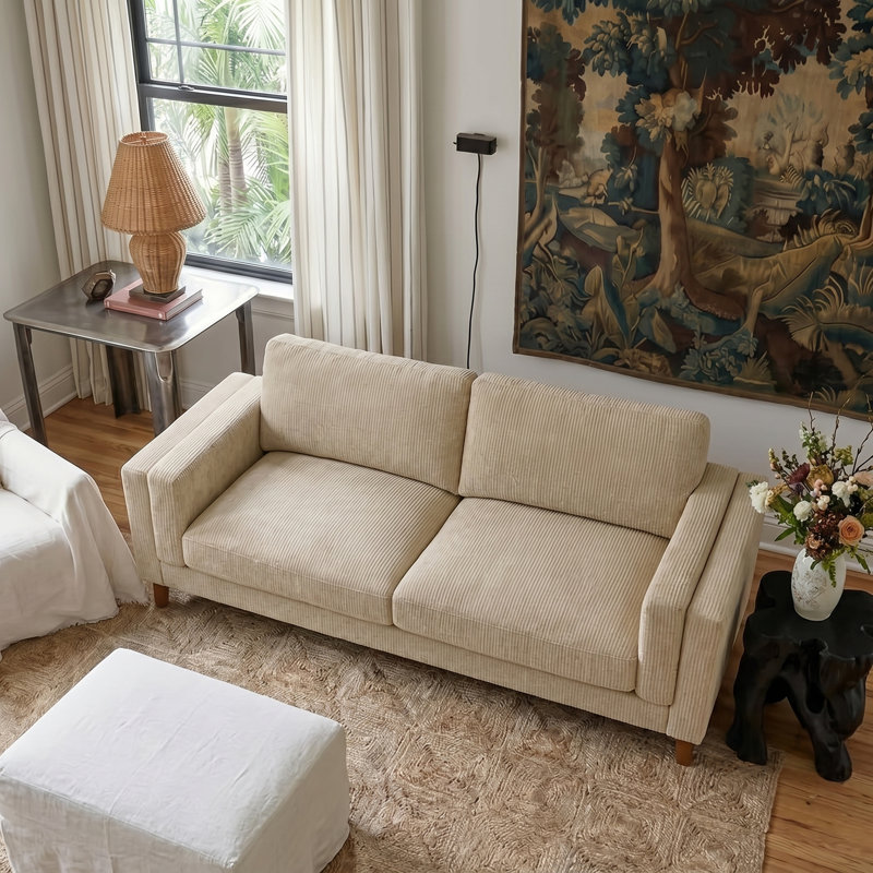 87" Corduroy Upholstered 3-Seater Sofa, Square Arm Modern Couch With Sturdy Wooden Legs, Beige