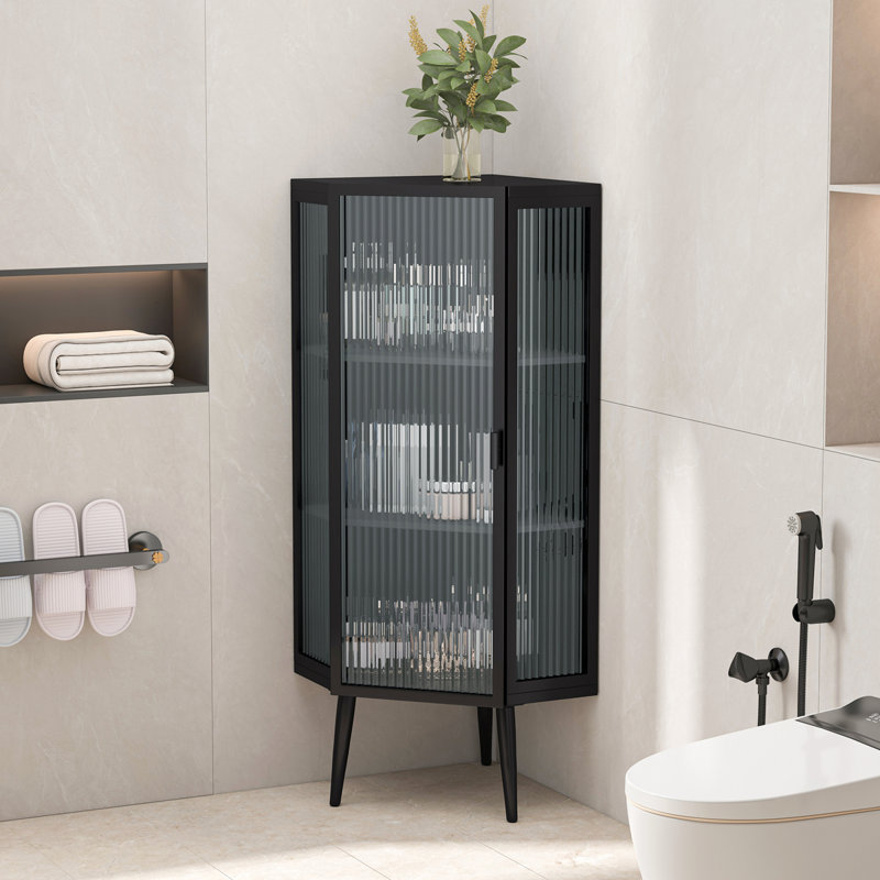 22.25'' Floor Coner Cabinet,Three Tiers With Tempered Glass Doors And Storage Shelves, Black