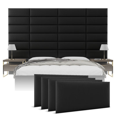 Sapan Upholstered Wall Panels - Queen/Full Size Wall Mounted Headboards - Vintage Leather Jet Black  - Set of 4 Modular Panels