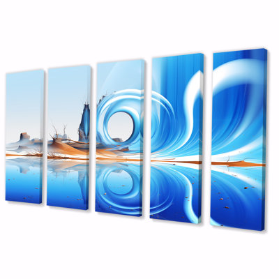 «Fractal Blue and White Fusion II», ensemble d'art mural abstrait 5 pièces