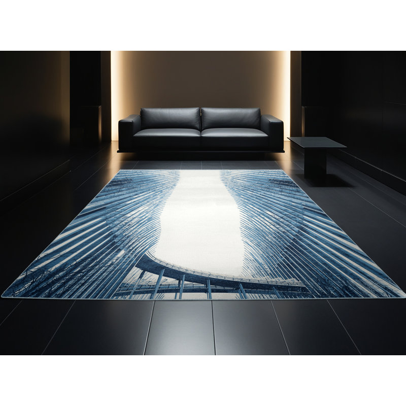Machine Washable Paublo Singapore Supertree Grove Sleek & Chic Modern Arc Rug in Green – SkyBlue Binding, 2x5