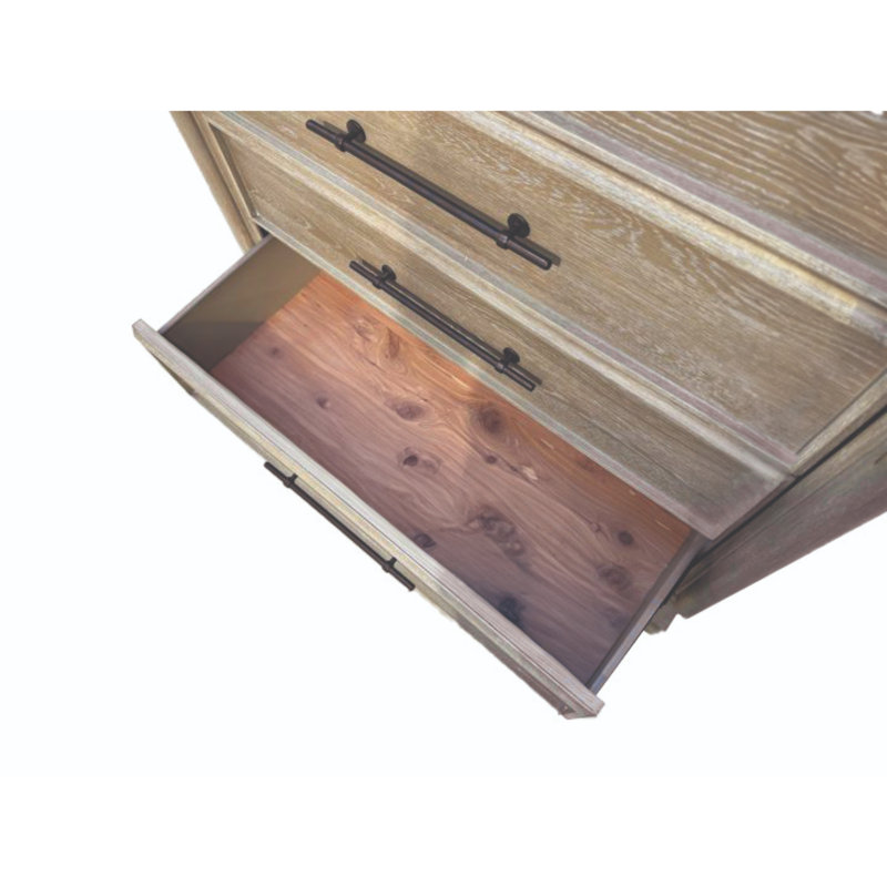 Commode 5 tiroirs en bois de cèdre transitionnel avec pieds en bois d'hévéa massif