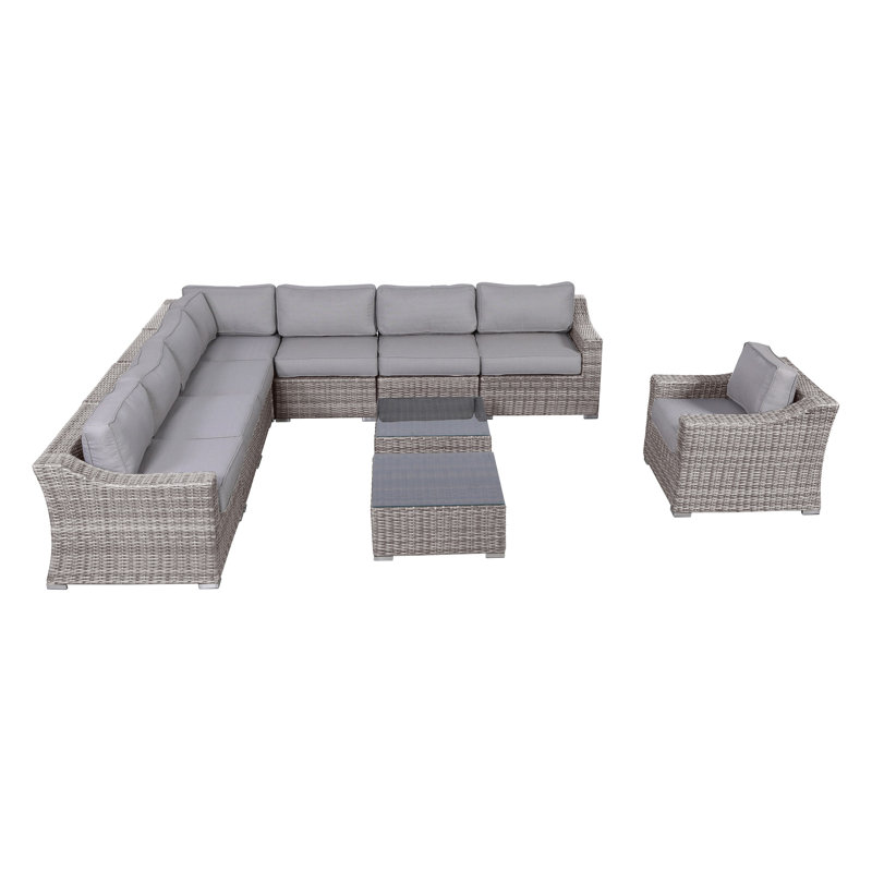 Ensemble de conversation pour 7 personnes avec coussins Saffi Wicker, Mélange de gris