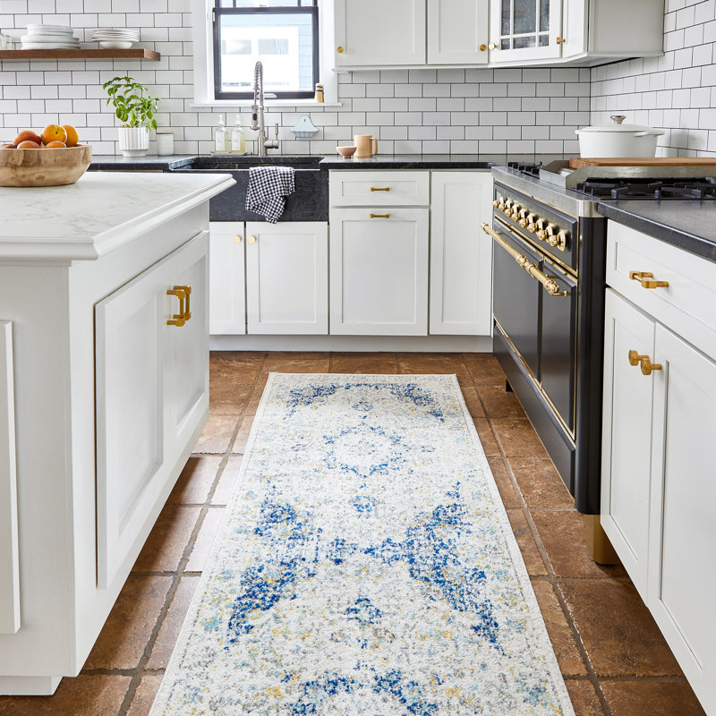 Tapis à motif de médaillon pour le salon, la chambre à coucher, la salle à manger et la cuisine Juliea, bleu / blanc cassé