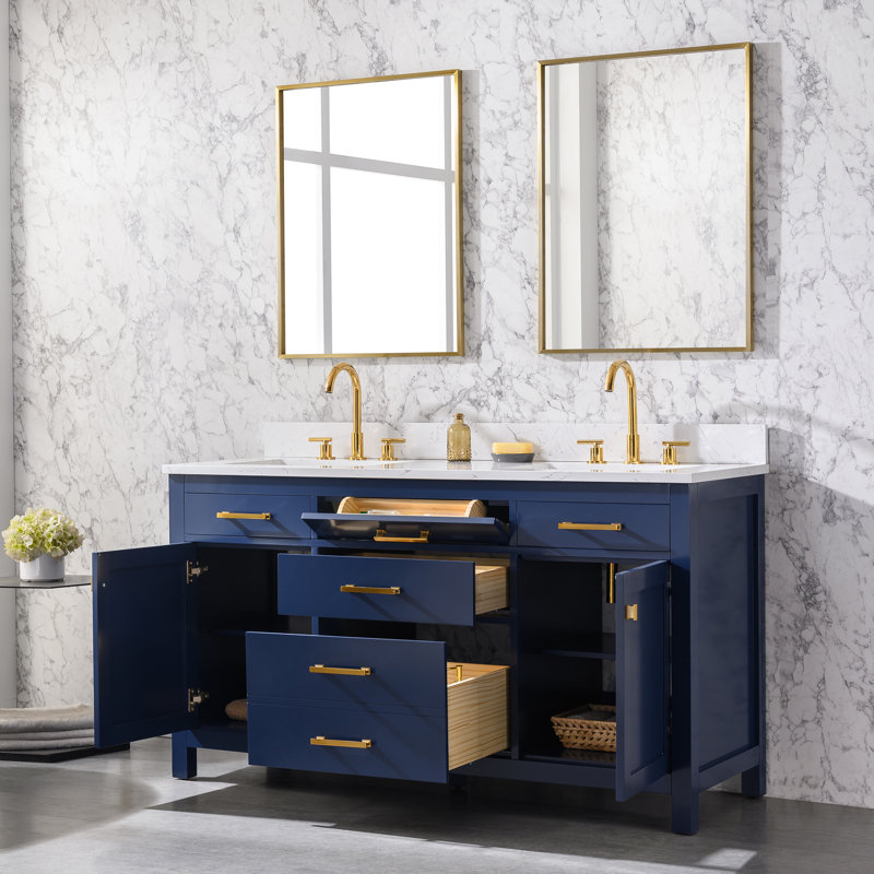 Meuble-lavabo double Ajhane, Bleu marine / doré brossé