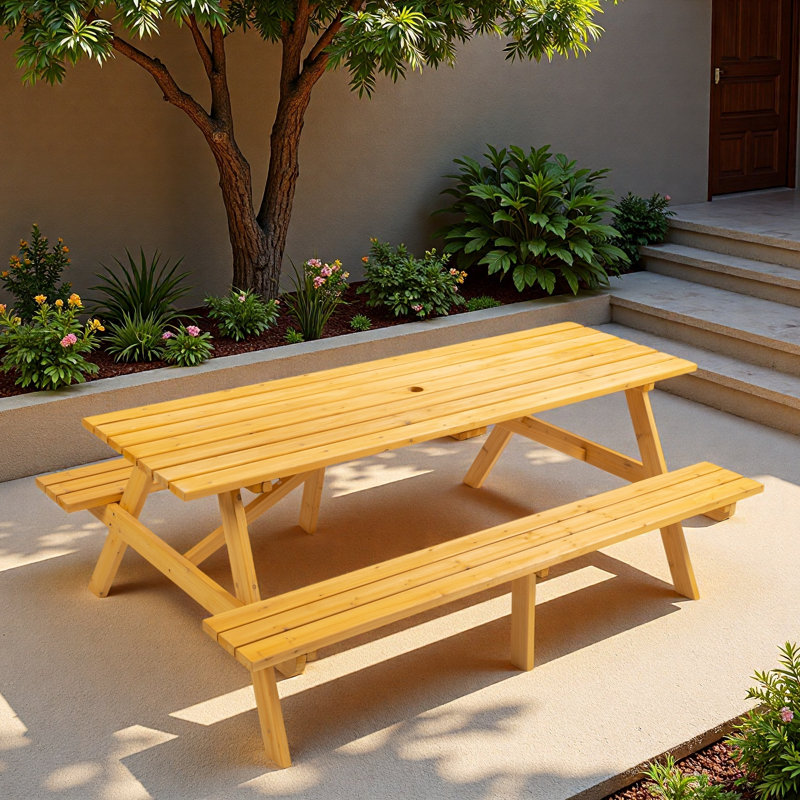 Table de pique-nique en bois pour 8 personnes avec trou pour parasol et structure triangulaire stable, Yellow