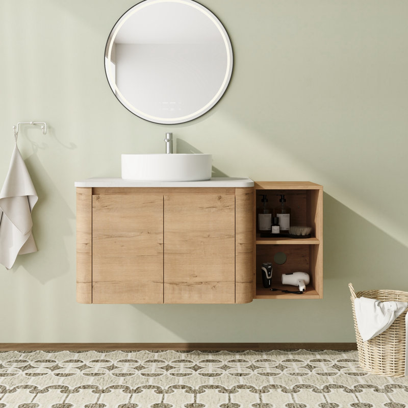 Meuble-lavabo flottant mural 42 po avec comptoir en quartz et portes et tablettes de rangement à fermeture en douceur, Blanc