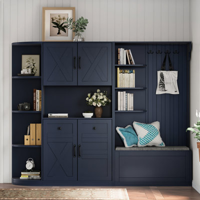 Armoire de vestibule noire de style divisé pour couloir et cuisine, 5 armoires et 8 tablettes, rangement à finition lisse, peut être utilisée séparément ou combinée en forme de L, tablettes