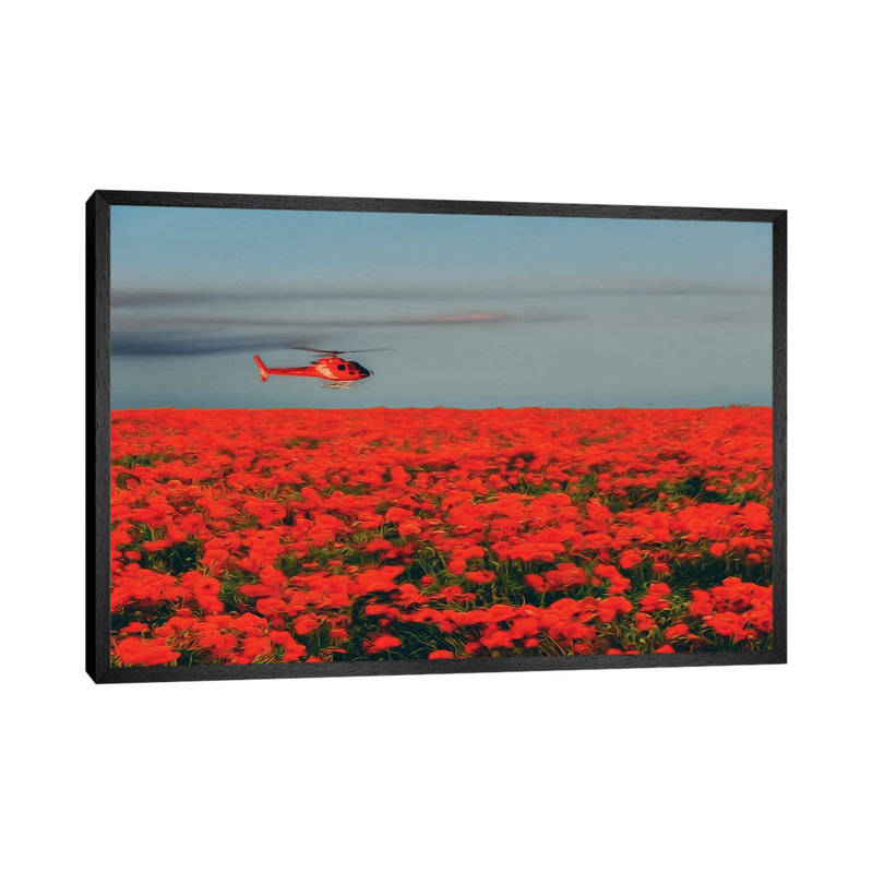A Red Helicopter Flies Over A Poppy Field In Bloom 1 Piece Wall Art on Canvas, 66.04 cm H x 45.72 cm W, Black Floater Framed