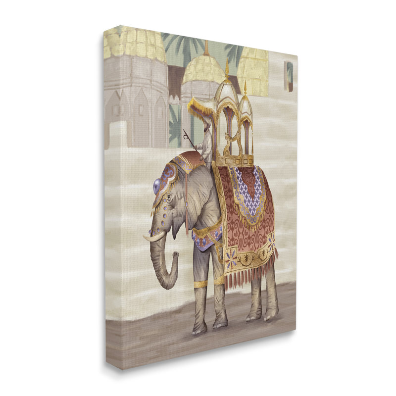 Homme chevauchant un éléphant, architecture d'inspiration islamique - impression, H 20 po x l 16 po, Toile tendue
