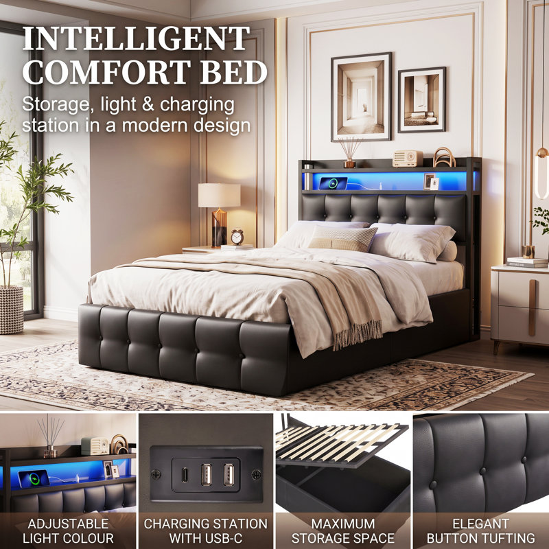 EU Sizes Ottoman Storage Bed with LED Headboard, Upholstered Gas Lift Bed Frame with USB-C Charging & Storage Shelf, Black PU & Grey Linen, 90/140/160x200cm