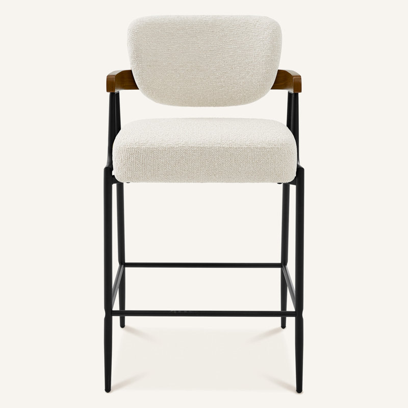 Tabouret de bar enveloppant en noyer avec siège et accoudoirs rembourrés, Crème
