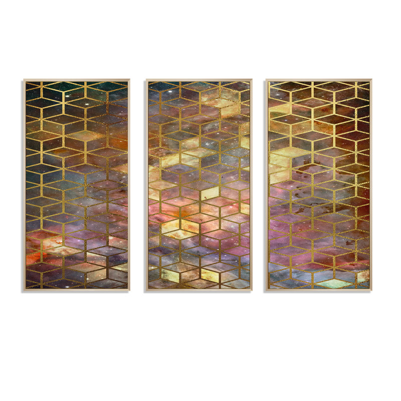 Cubes jaunes sur fond nébuleux - Ensemble de 3 reproductions sur toile, H 20 po x l 36 po x P 1 po, Cadre brun