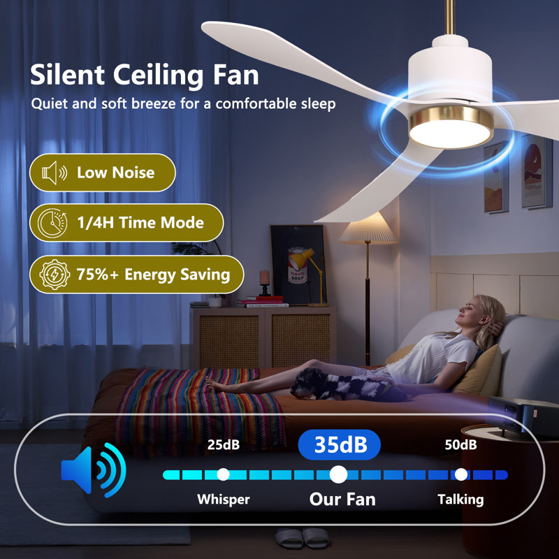  Ceiling Fans with Lights and Remote 52 Inch, 3 Blades LED Ceiling Fans with 6 Speeds for Bedroom, Living Room, Kitchen, Reversible Quiet DC Motor, Timer, Dimmable, White Gold