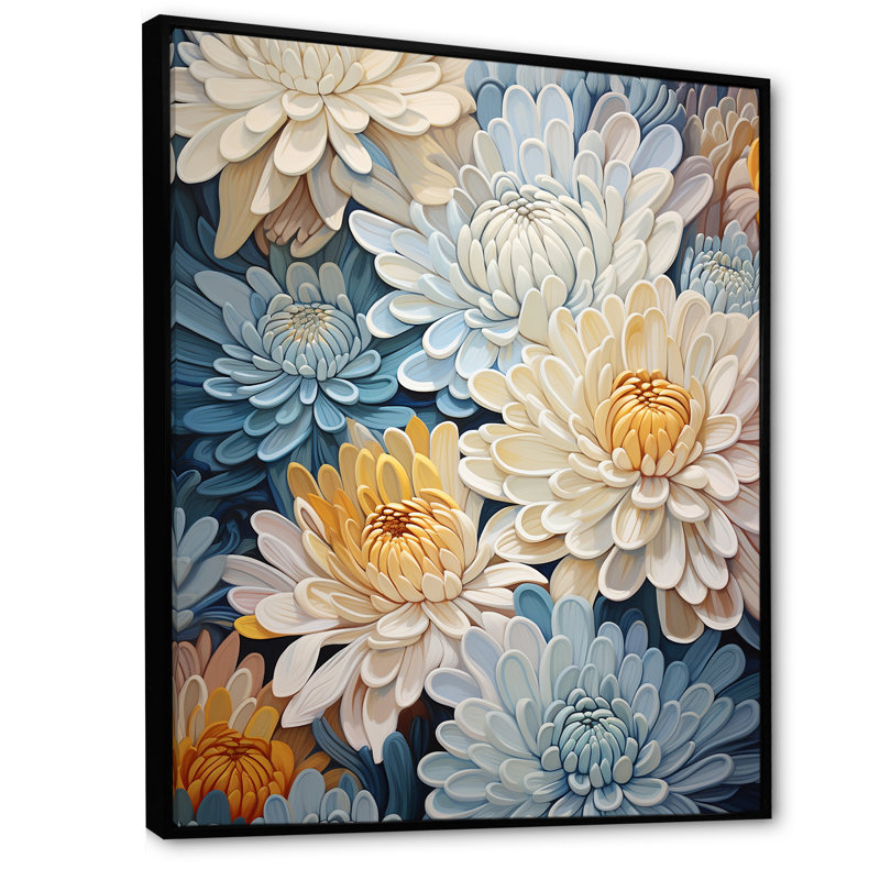«White and Blue Mums Fragrant Elegance V», reproduction sur toile, Cadre flottant noir, H 44 po x l 34 po x P 1,5 po