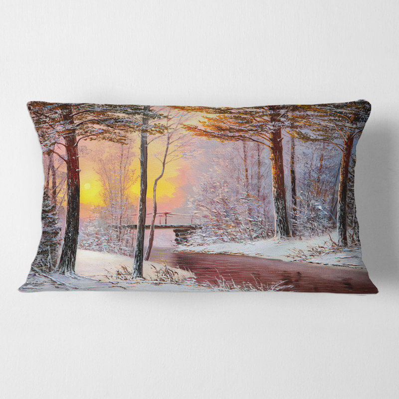 Rectangle, forêt de Noël avec rivière et arbres IV - Coussin décoratif traditionnel imprimé