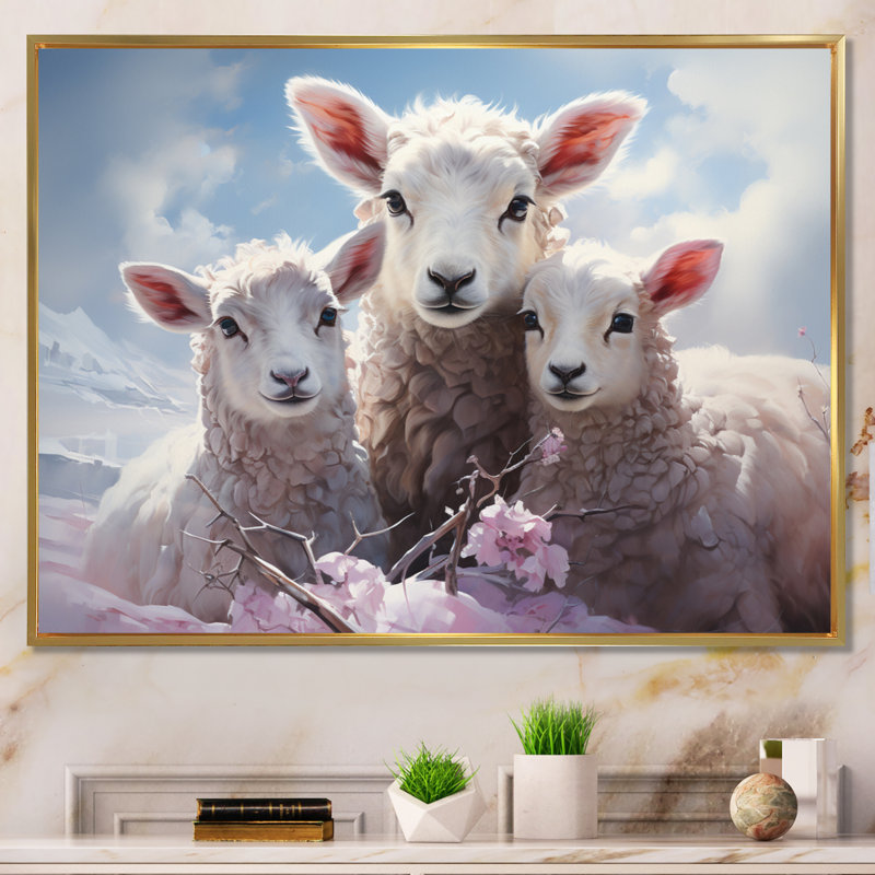«White Pink White White Sheep Ethereal Guardians II», reproduction sur toile, 16" H x 32" W, Black Picture Framed