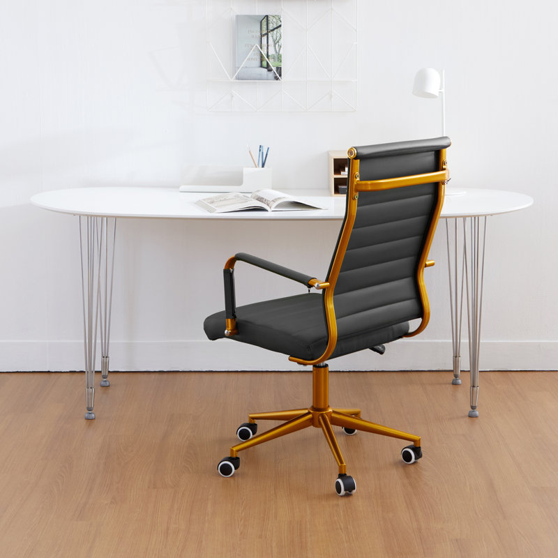 Ergonomic Executive Office Swivel Chair With Ribbed Leather Back, Black, Gold