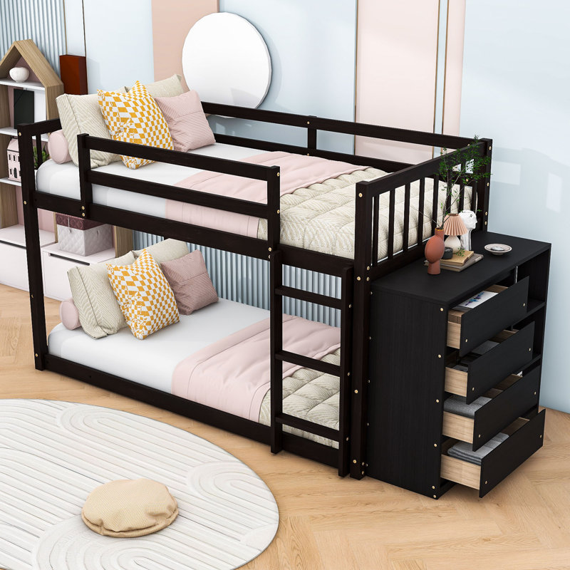 Kialah Space-Saving Bunk Bed With Built-In Storage And Slats, Twin Over Twin, Espresso