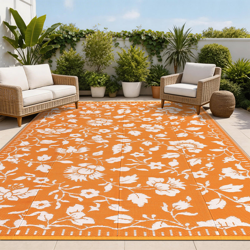 Floral Outdoor Rug Patio Waterproof Foldable Reversible Plastic Straw Rug for RV Camping, Picnic, Beach, Balcony, Deck & Garden
