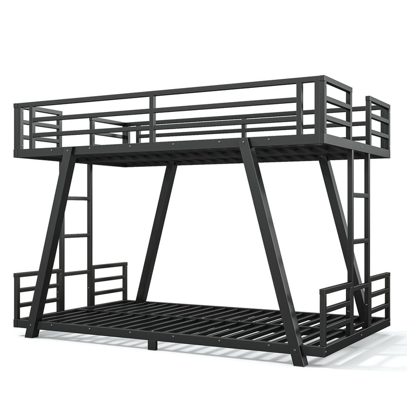 Lit superposé simple TG au-dessus de simple TG avec 2 échelles latérales, lit superposé en métal avec pieds de support spéciaux et lumière DEL, lit superposé à profil bas, noir