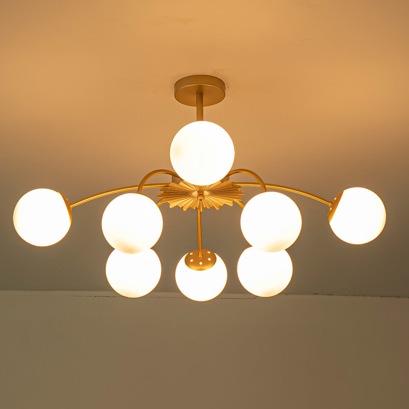Gold Frame Opal Glass Globe Blossom Pendant Light, 9.5" H x 33" W x 33" D, 8 Lights