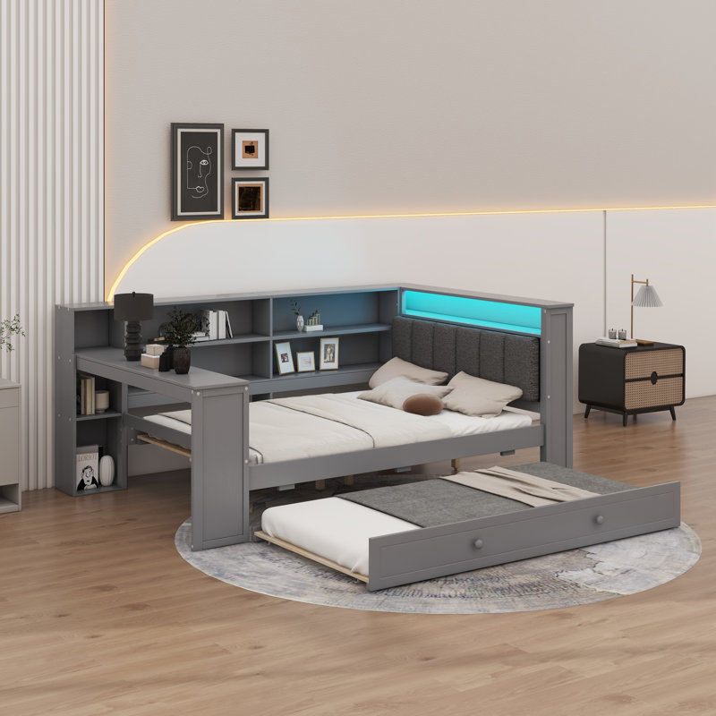 Daybed With Full-Size Bed, Wooden Platform Featuring Desk And Trundle, Storage Shelves, Leds, And Upholstered Headboard, Gray