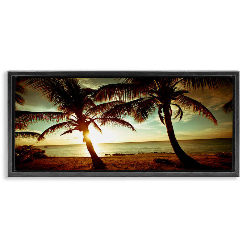 "Sunlit Palm Trees" encadrée par Floater par Susan Bryant, Cadre flottant noir de jais, H 14 po x l 31 po