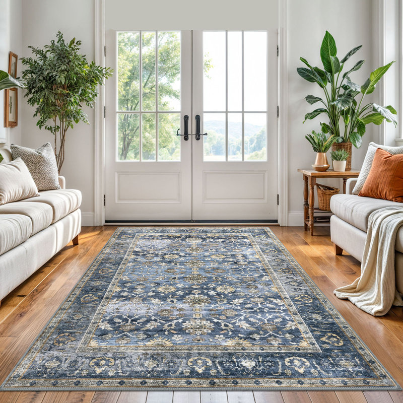 Area Rug Machine Washable Rug Oriental Indoor Rugs with Non-Slip Backing, Rectangle 5' x 7', Blue/Gray/Beige