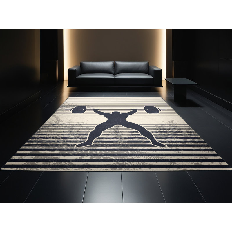 Machine Washable Bracondale Powerlifting Deadlift Nautical Striped Rug in Beige – Black Binding, 3x5