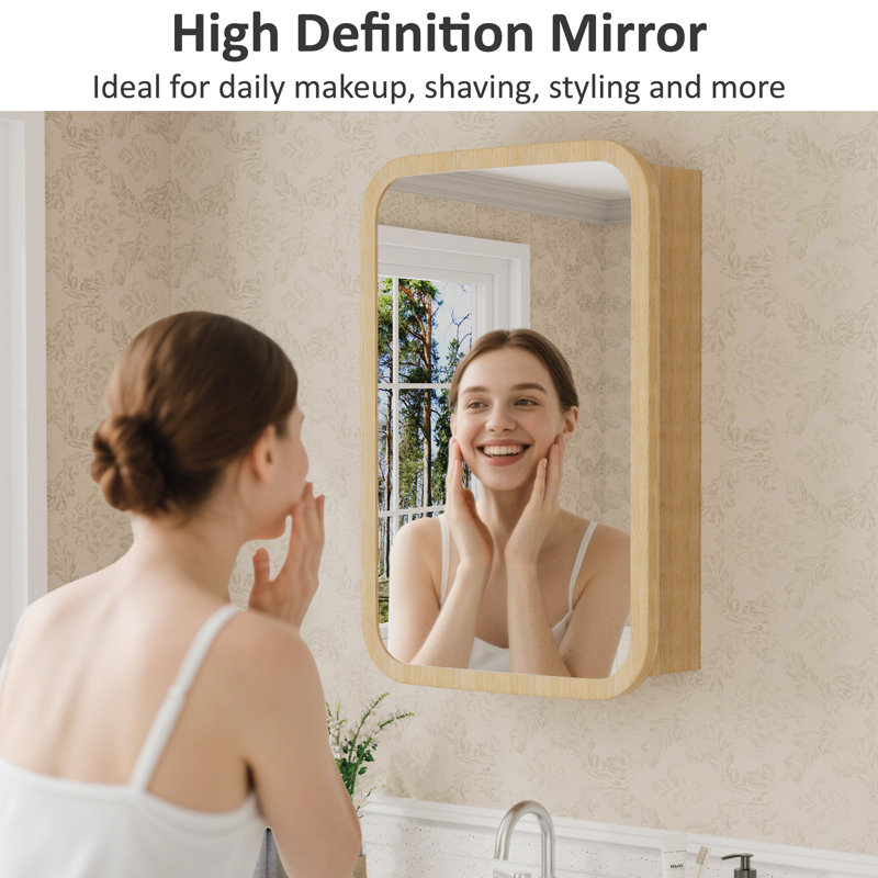 16" W X 24" H Modern Farmhouse Round Corner Wood Medicine Cabinet with High-Definition Mirror, Adjustable Glass Shelves, Reversible Soft-Close Door, Fully Assembled, Surface or Recessed Mount for Makeup, Shaving or Bathroom Vanity Storage
